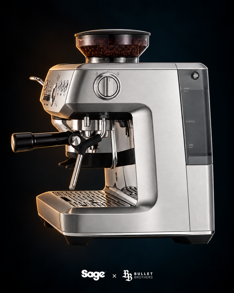 Sage the Barista Express Impress SES876BSS – stal szczotkowana, widok z boku – Sage × Bullet Brothers
