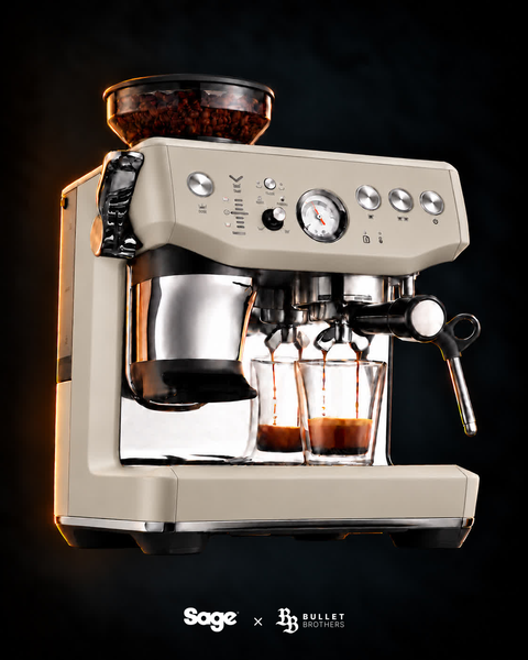 Sage the Barista Express Impress SES876ALM – Almond Nougat, widok 3/4 – Sage × Bullet Brothers