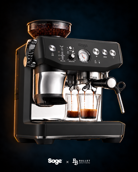 Sage the Barista Express Impress SES876BTR – Black Truffle, satynowe wykończenie, widok 3/4 – Sage × Bullet Brothers